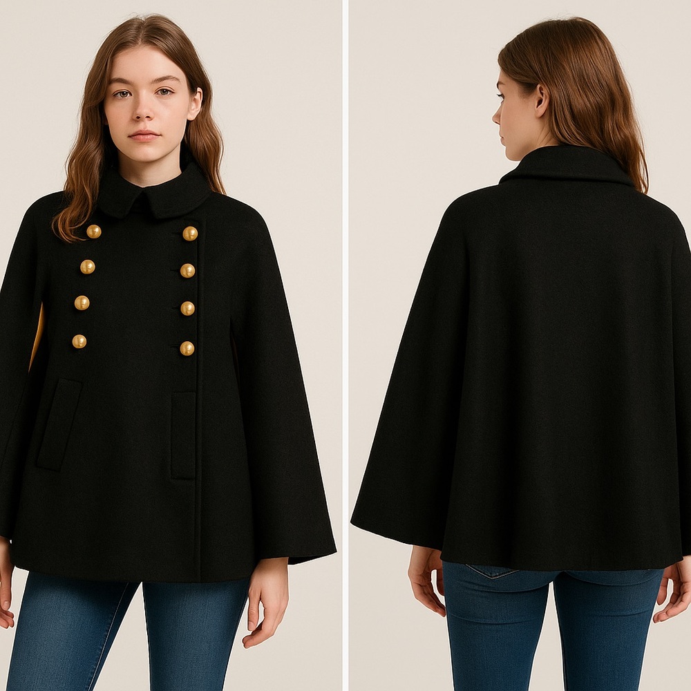 Vintage 60s 70s NL Black Wool Poncho Cape with Gold Buttons Sz. OSFM